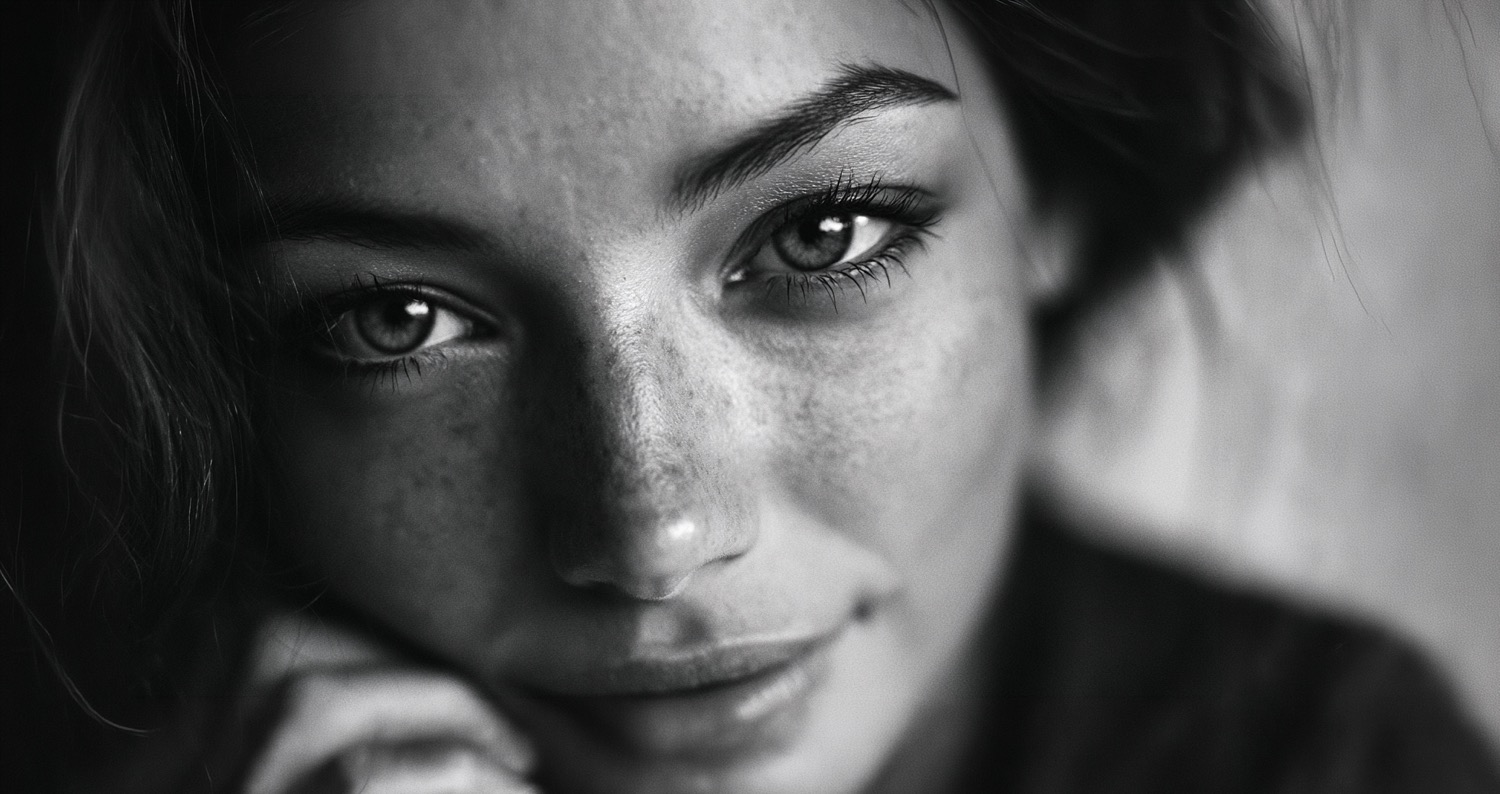 Close editorial black-and-white portrait