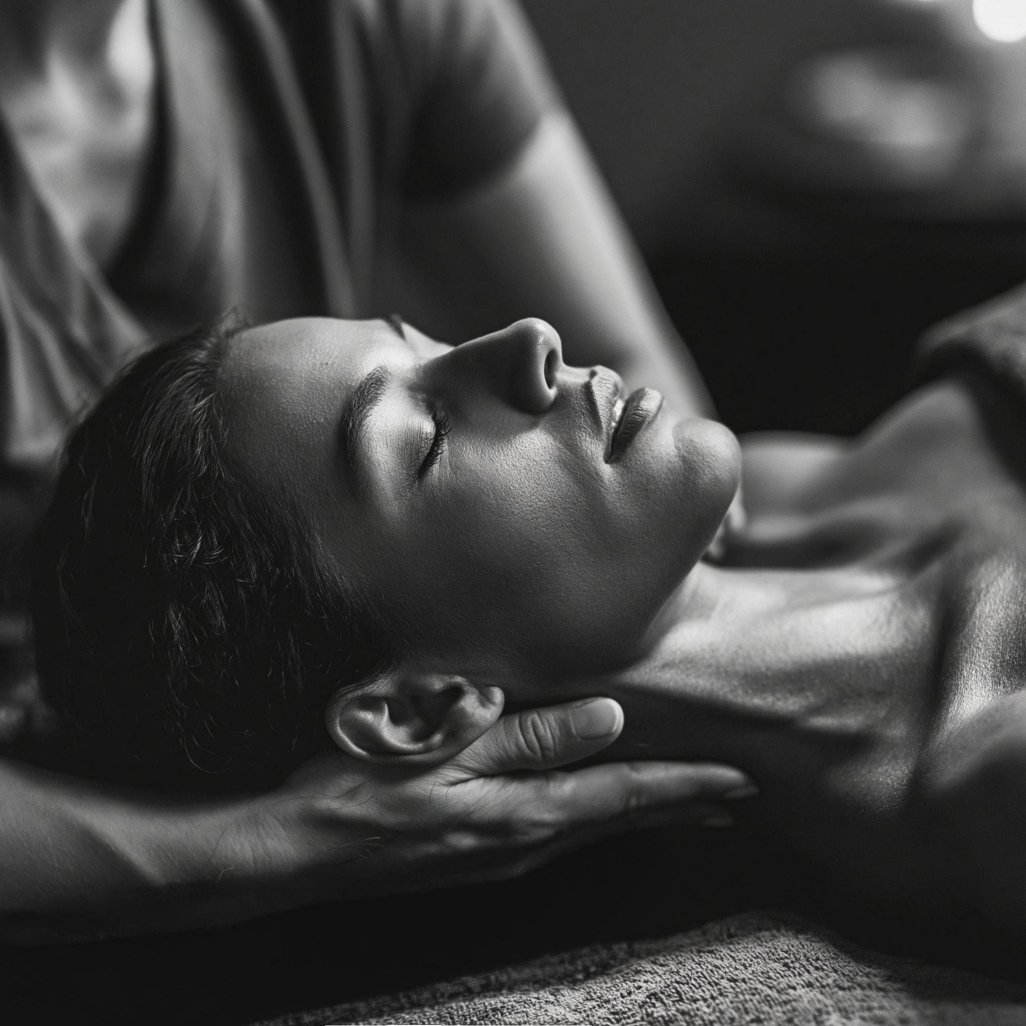Restorative bodywork and recovery at Rivē Lume — black-and-white portrait